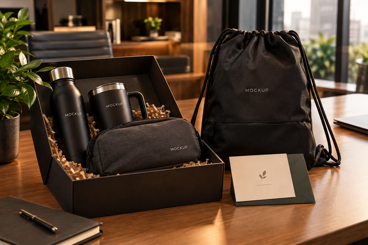 squeeze, necessaire, sacochila e caneca perto de uma caixa de pós-venda