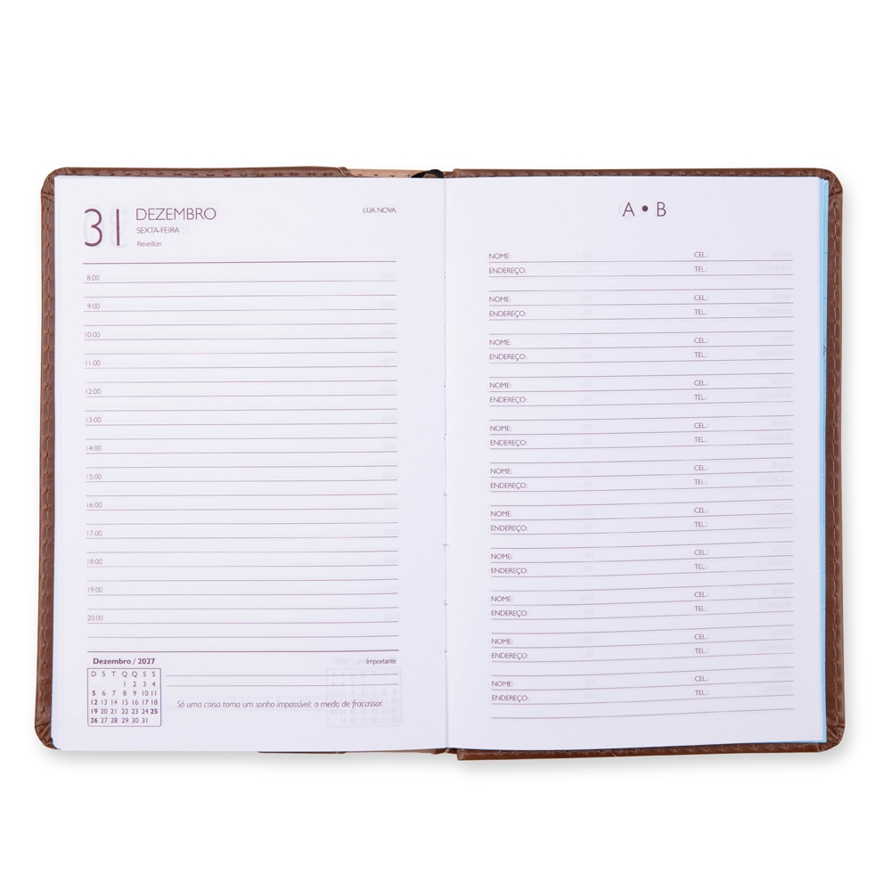 AGENDA DIÁRIA 2027 personalizada — Cadernetas, Agendas e Blocos de Notas — detalhe de costura e acabamento