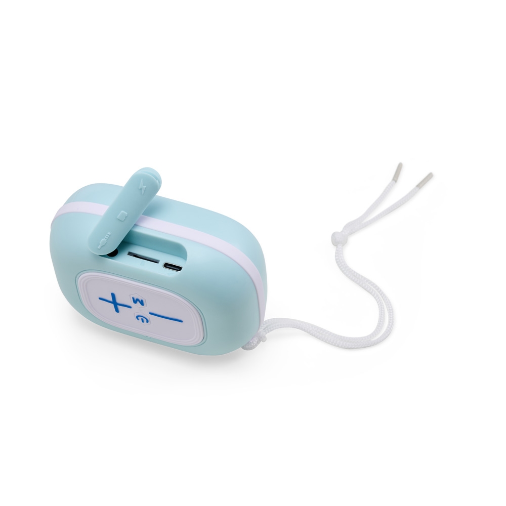 CAIXA DE SOM BLUETOOTH personalizada — Tech — detalhe de costura e acabamento