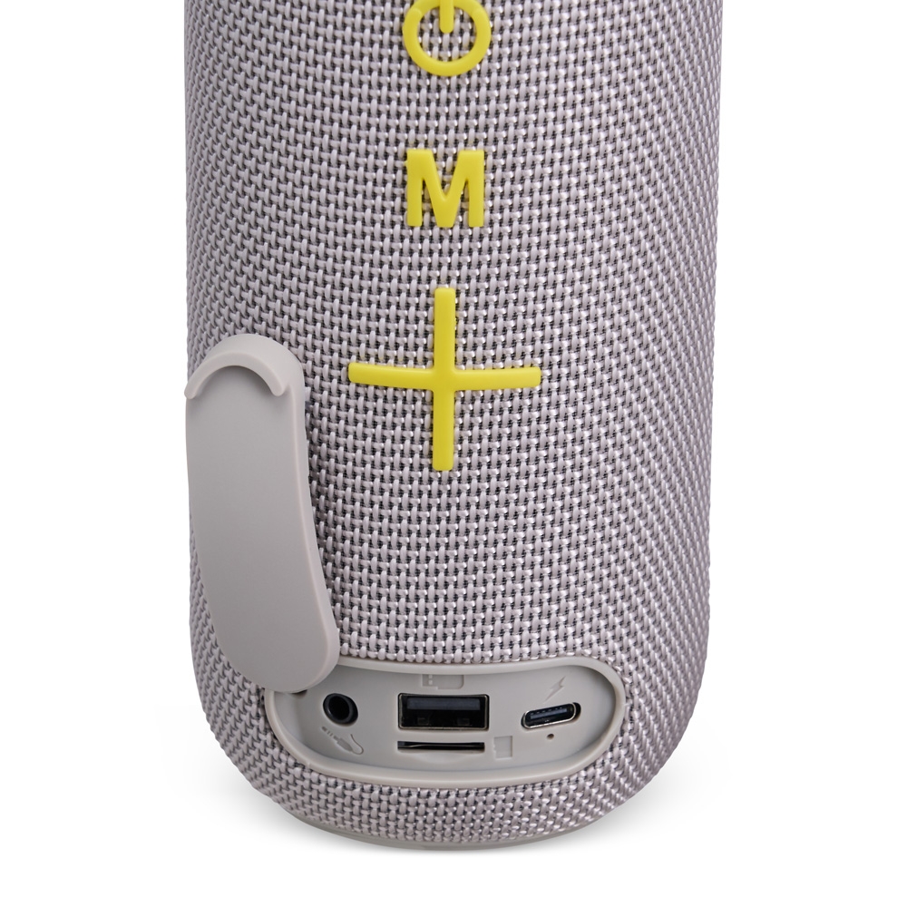 CAIXA DE SOM BLUETOOTH personalizada — Tech — detalhe de costura e acabamento